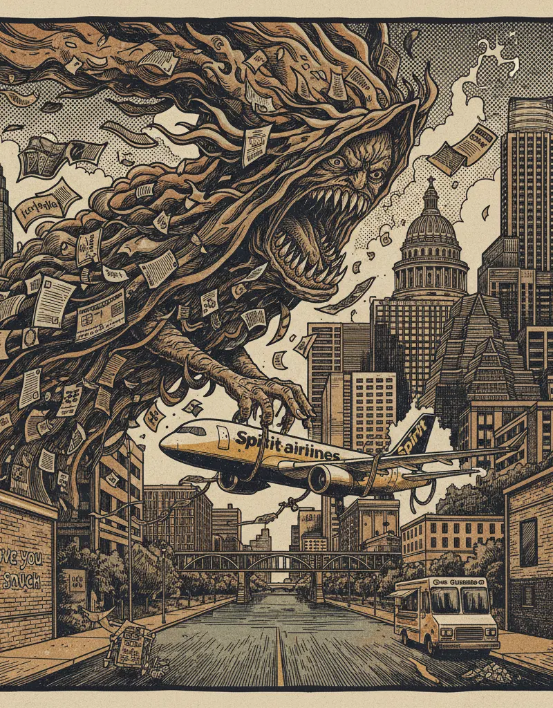 Editorial illustration: SPIRIT AIRLINES OFFERS SACRIFICE TO THE BANKRUPTCY GODS