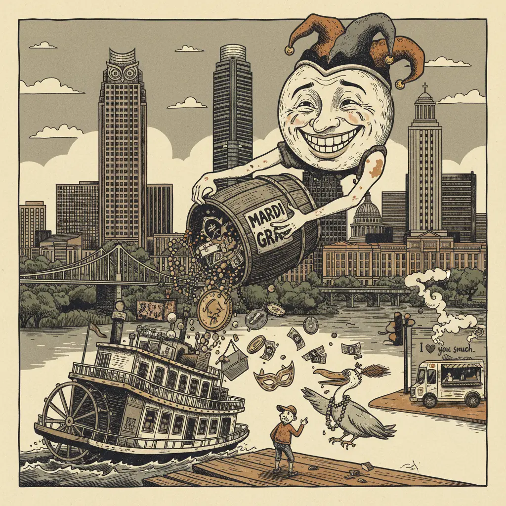 Editorial illustration: GALVESTON MARDI GRAS PROVES THE UNIVERSE HAS A SENSE OF HUMOR (MOSTLY AT YOUR EXPENSE)