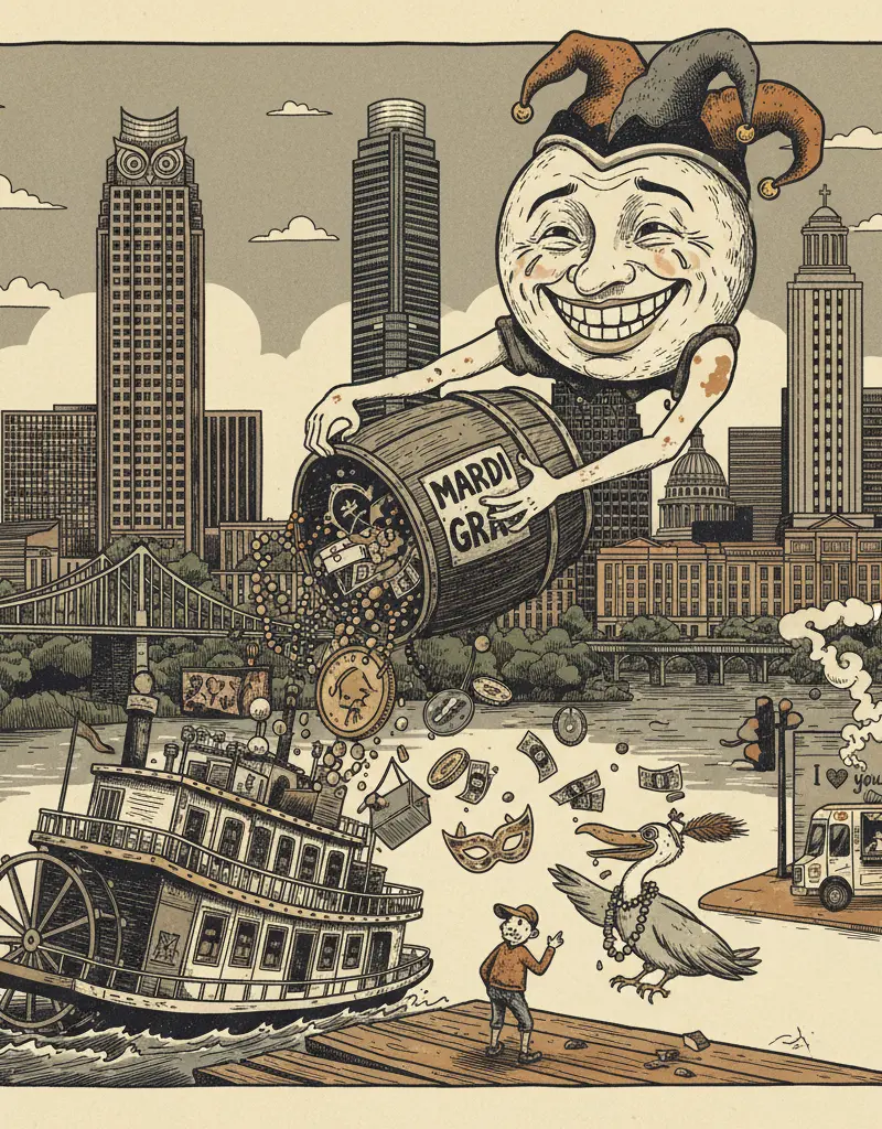 Editorial illustration: GALVESTON MARDI GRAS PROVES THE UNIVERSE HAS A SENSE OF HUMOR (MOSTLY AT YOUR EXPENSE)