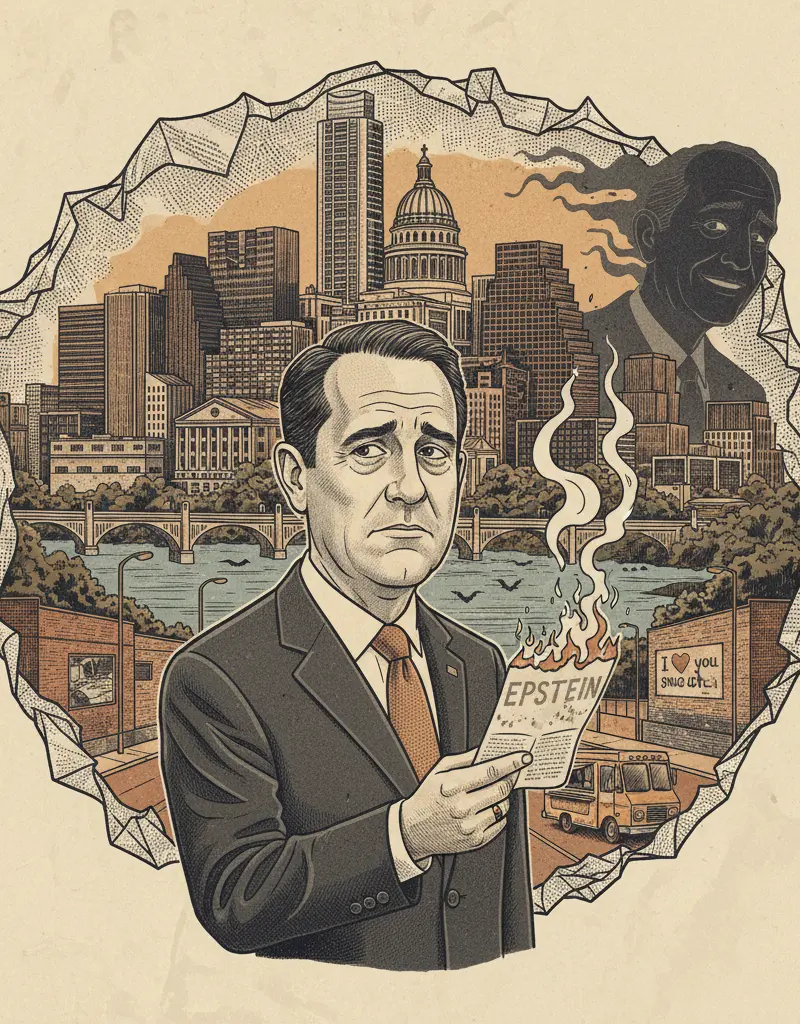 Editorial illustration: PRITZKER FINALLY REALIZES HANGING WITH EPSTEIN IS BAD FOR THE BRAND