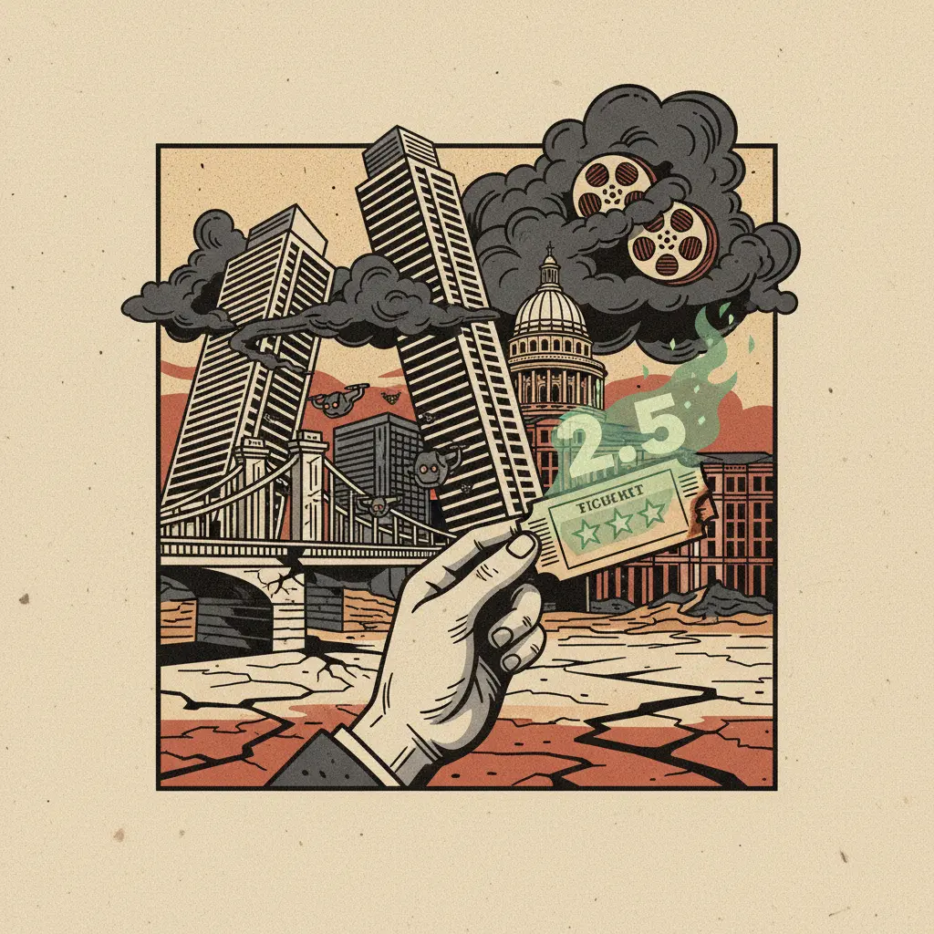 Editorial illustration: VERBINSKI'S LATEST FILM: A 2.5 STAR WARNING ABOUT THE FUTURE