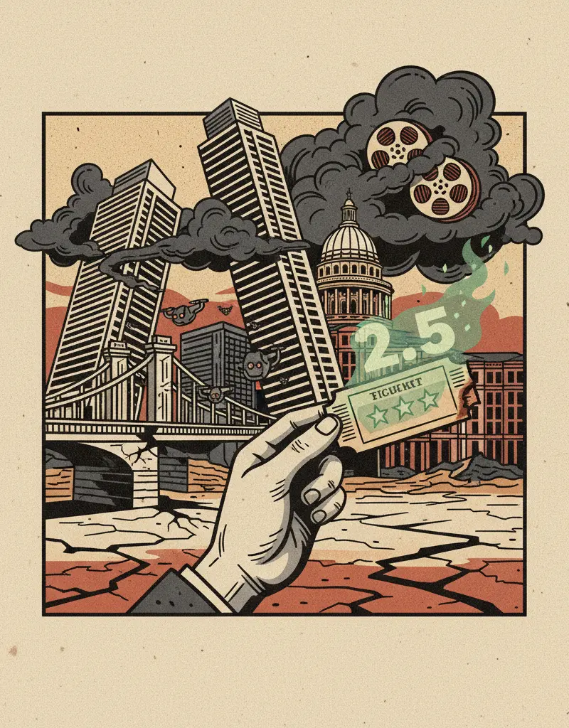 Editorial illustration: VERBINSKI'S LATEST FILM: A 2.5 STAR WARNING ABOUT THE FUTURE
