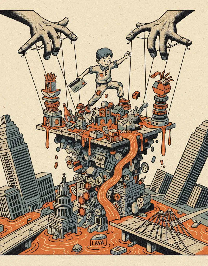 Editorial illustration: A CHILD'S GAME BECOMES A METAPHOR FOR LATE-STAGE CAPITALISM
