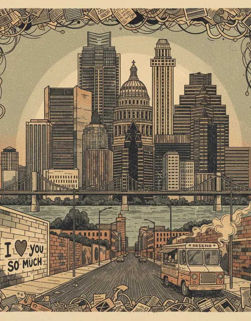 Editorial illustration: AMPLIFY AUSTIN DAY: BECAUSE YOUR EXISTENTIAL DREAD NEEDS A TAX DEDUCTION