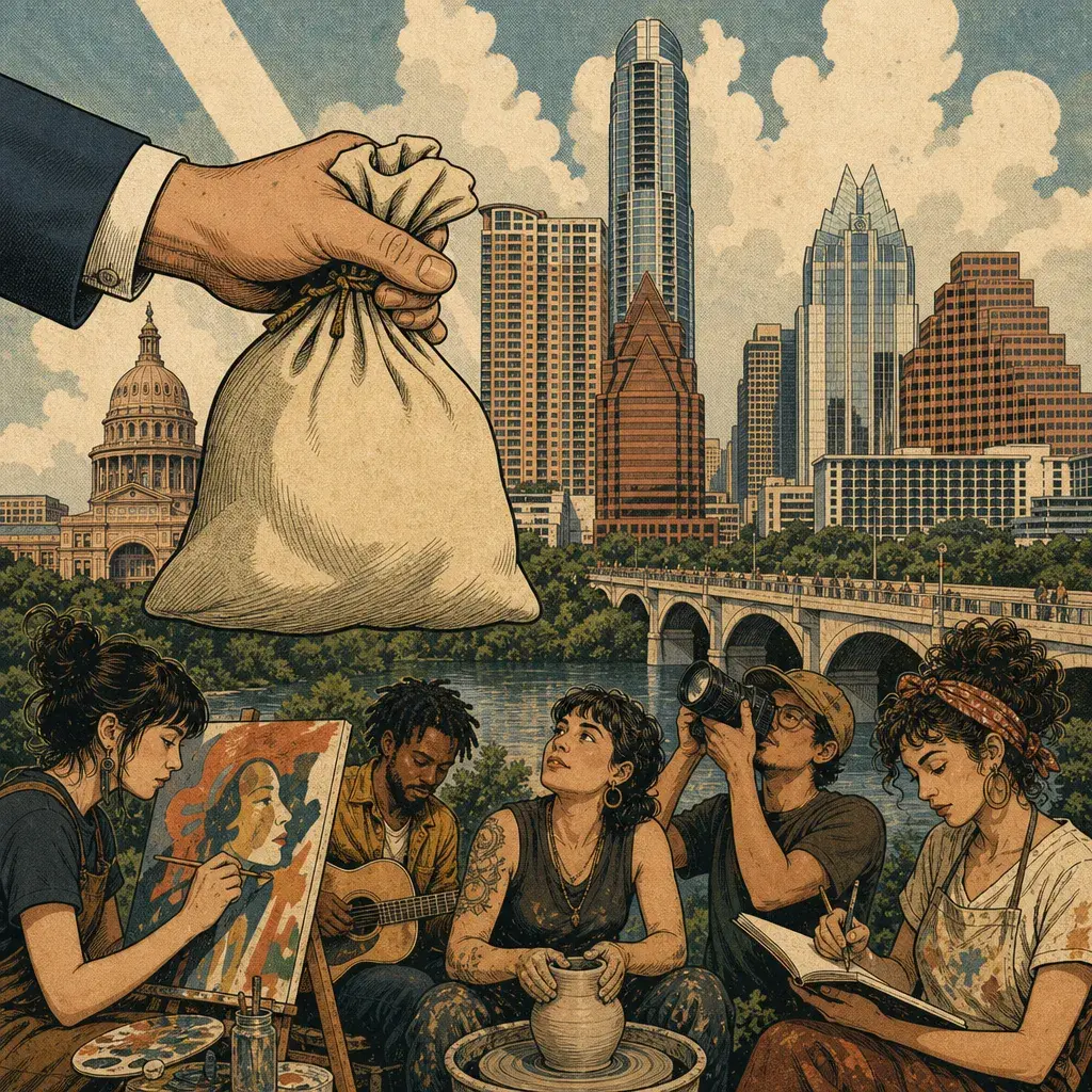 Editorial illustration: TOURISTS' OVERPRICED HOTEL ROOMS WILL NOW FUND YOUR ART: $23 MILLION IN CITY GRANTS OPEN