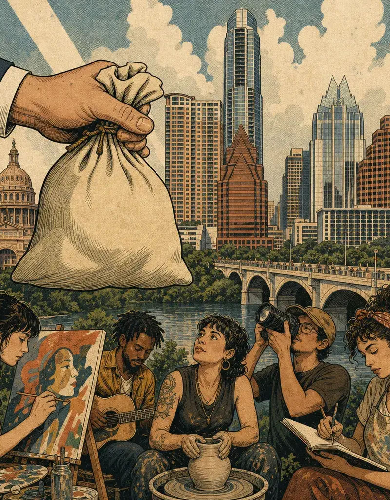 Editorial illustration: TOURISTS' OVERPRICED HOTEL ROOMS WILL NOW FUND YOUR ART: $23 MILLION IN CITY GRANTS OPEN