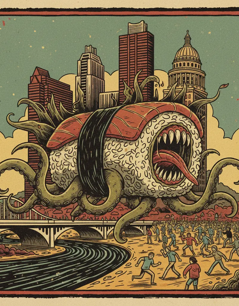 Editorial illustration: YOUR SUSHI IS TRYING TO KILL YOU