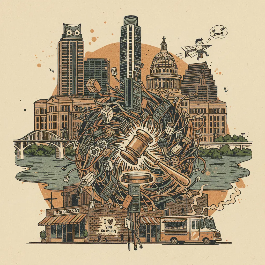 Editorial illustration: ROUND ROCK CITY COUNCIL APPROVES DATA CENTER; LOGIC TAKES A VACATION