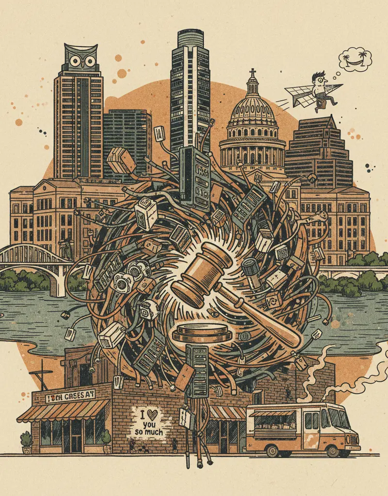 Editorial illustration: ROUND ROCK CITY COUNCIL APPROVES DATA CENTER; LOGIC TAKES A VACATION