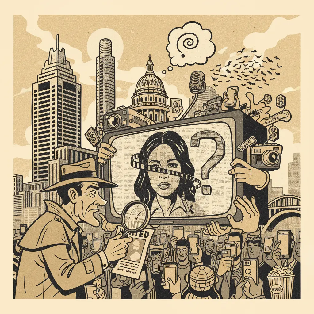 Editorial illustration: THE SEARCH FOR NANCY GUTHRIE: A REALITY SHOW WE DIDN'T ASK FOR