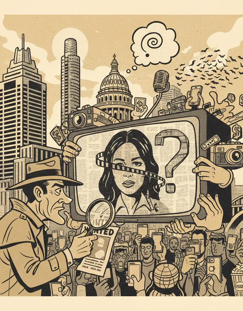 Editorial illustration: THE SEARCH FOR NANCY GUTHRIE: A REALITY SHOW WE DIDN'T ASK FOR