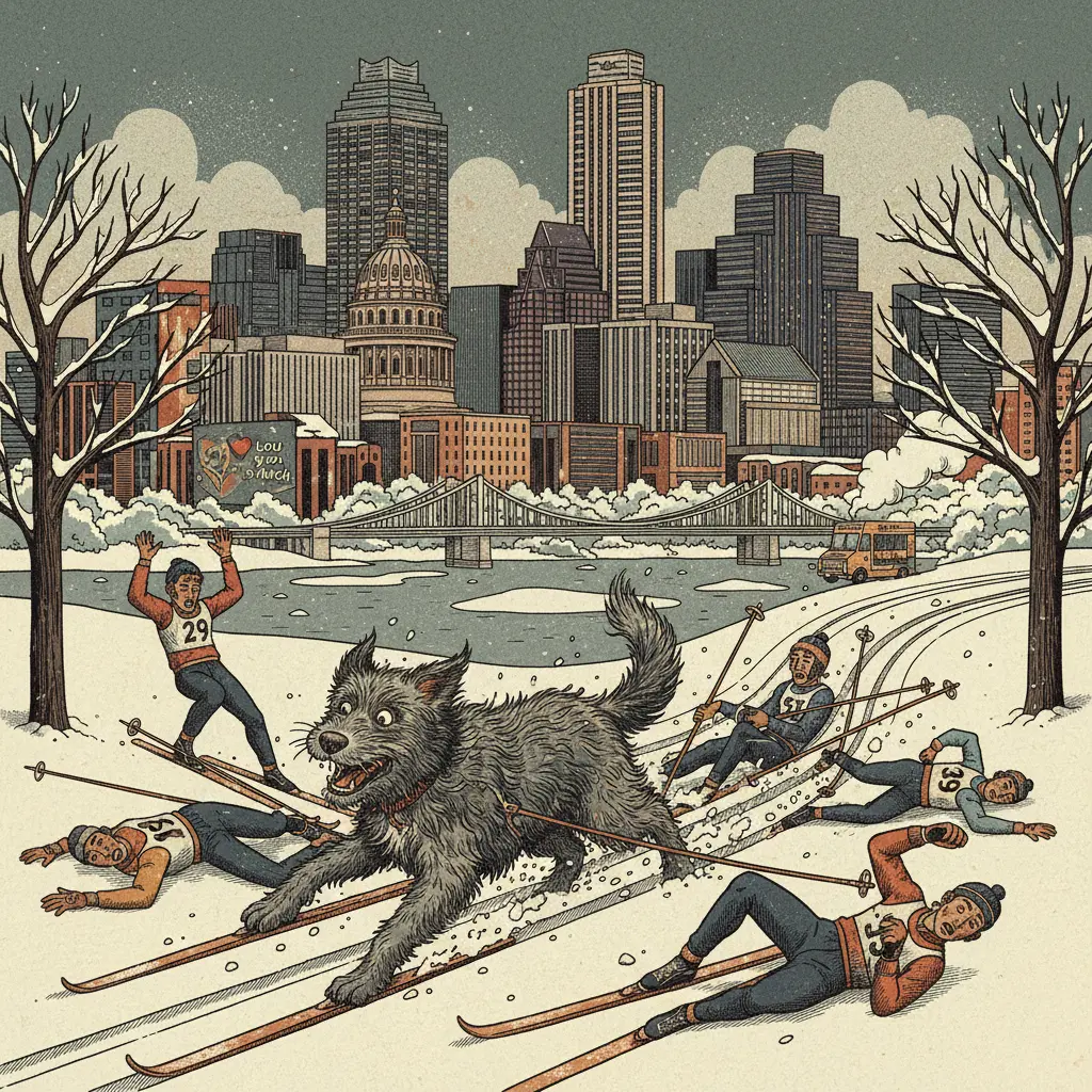 Editorial illustration: DOG RUINS OLYMPIC CROSS-COUNTRY SKIING, PROVES EXISTENTIALISM IS CORRECT