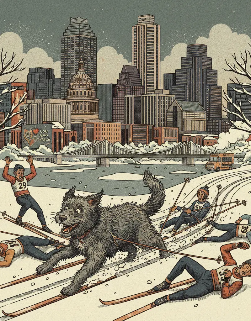 Editorial illustration: DOG RUINS OLYMPIC CROSS-COUNTRY SKIING, PROVES EXISTENTIALISM IS CORRECT